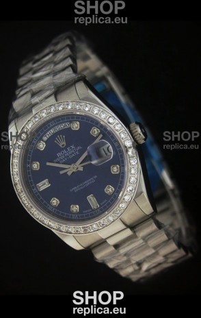 Rolex Day Date Just Japanese Replica Blue Watch in Full Diamond Bezel